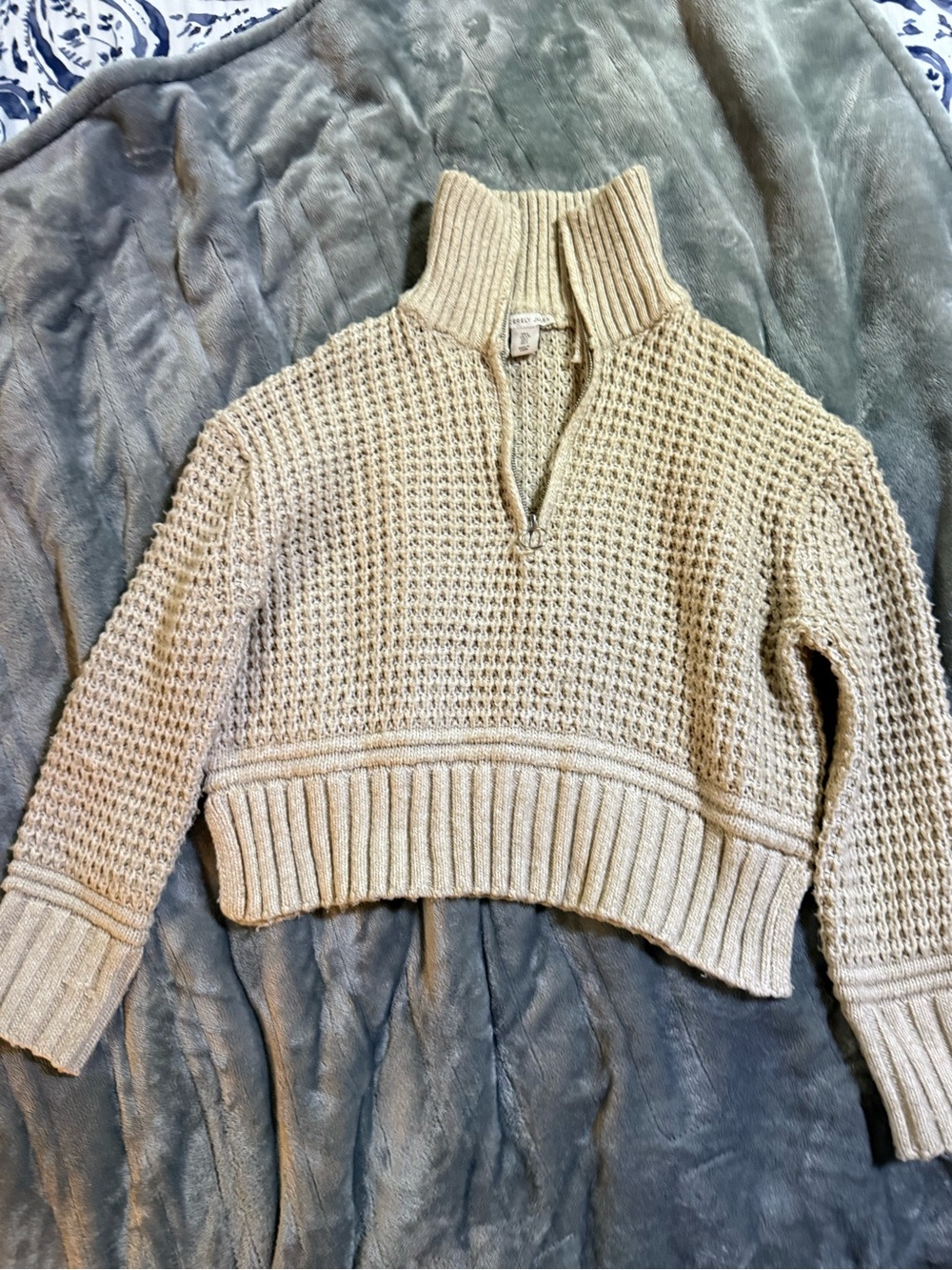 Sincerely Jules Cropped Waffle Knit Half-Zip Sweater - Cream